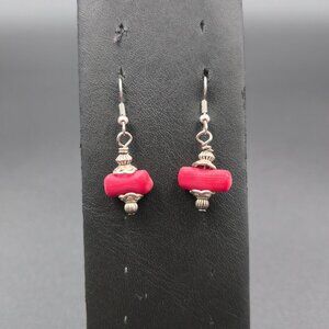Silver Plated Red Coral Chunk Dangle Earrings A6654